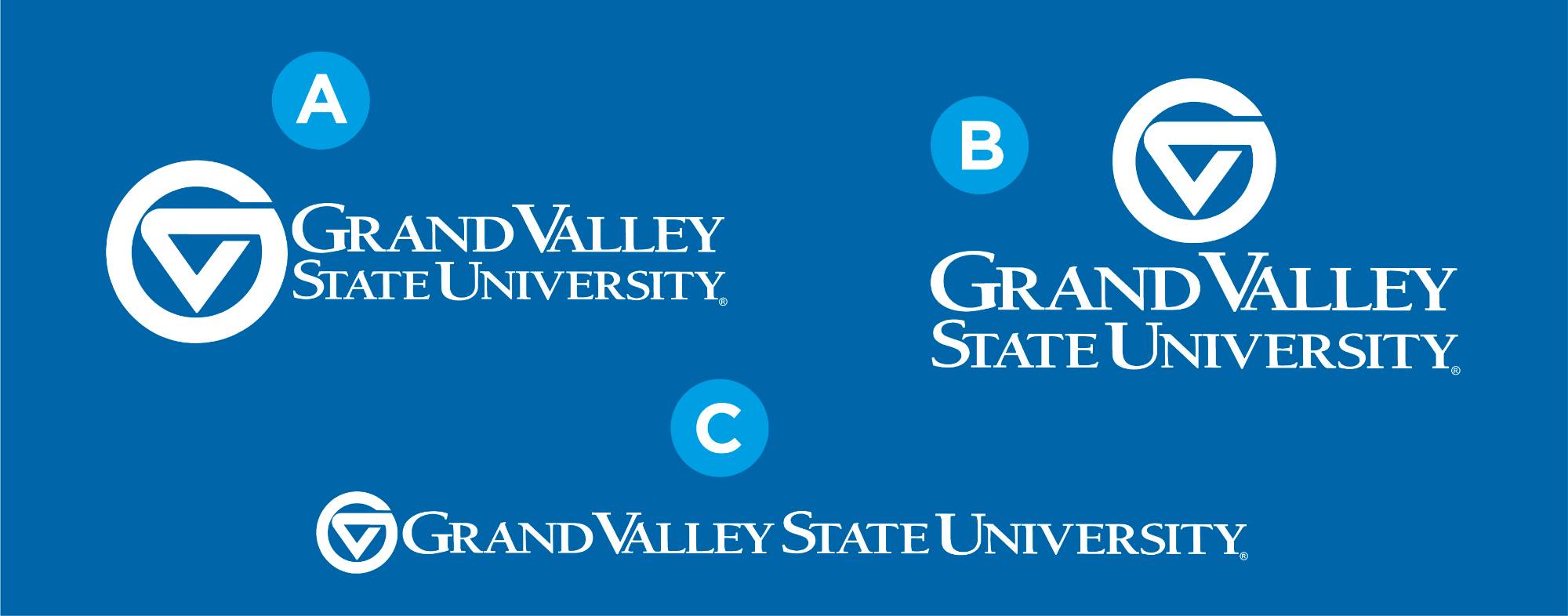 Three Grand Valley logos&#8212;one markleft, one marktop, one single-line. The letter "A" is next to the markleft logo, "B" is next to the marktop logo, and "C" is next to the single-line logo.